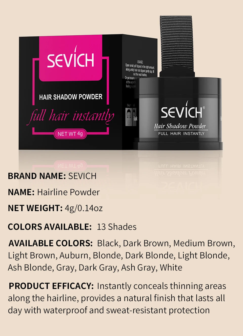 SEVICH Hairline Shadow Powder With Brush Water Sweat Resistant Hair Loss Concealer Bald Spot Concealing Hair Powder Women Men